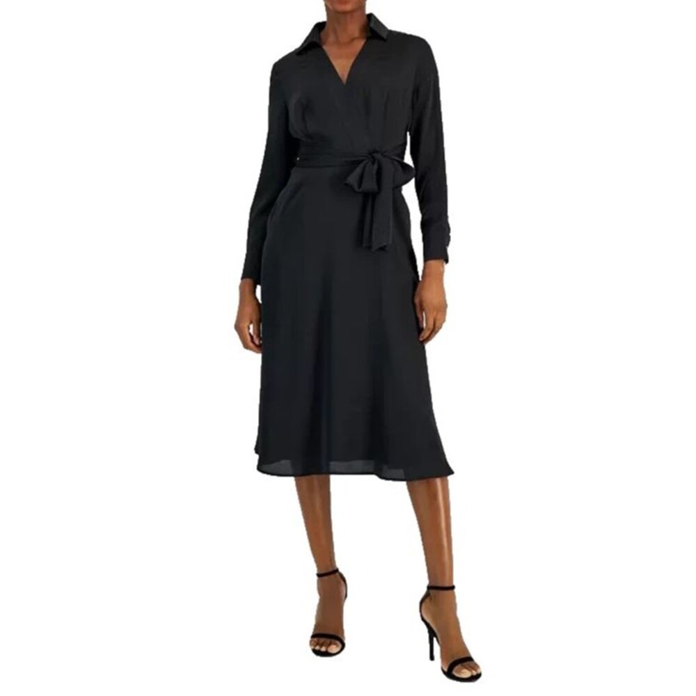 Tahari ASL Women's Collared Waist-Tie Midi Dress Hammered Satin Deep Black 6